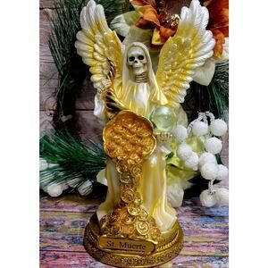 Santa Muerte With Money Cone 8 " On Money Stand Holy Death Statue Gold Beige